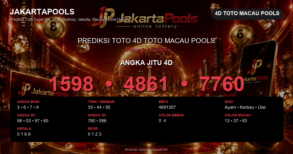 Prediksi togel 4D Toto Macau Pools hari ini lengkap 2D 3D 4D 1 Juli 2026