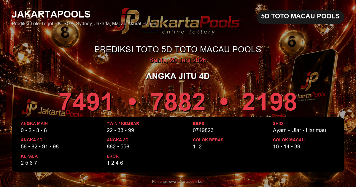 Prediksi togel 5D Toto Macau Pools hari ini lengkap 2D 3D 4D 20 Juni 2026