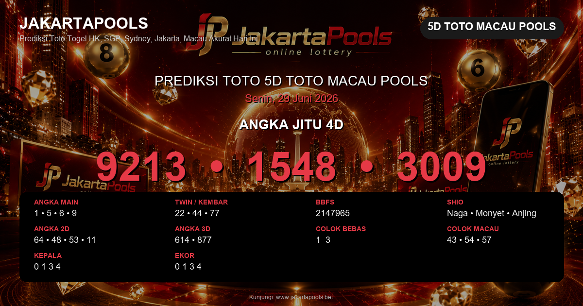 Prediksi togel 5D Toto Macau Pools hari ini lengkap 2D 3D 4D 29 Juni 2026