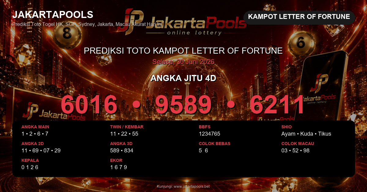 Prediksi togel Kampot Letter of Fortune hari ini lengkap 2D 3D 4D 30 Juni 2026
