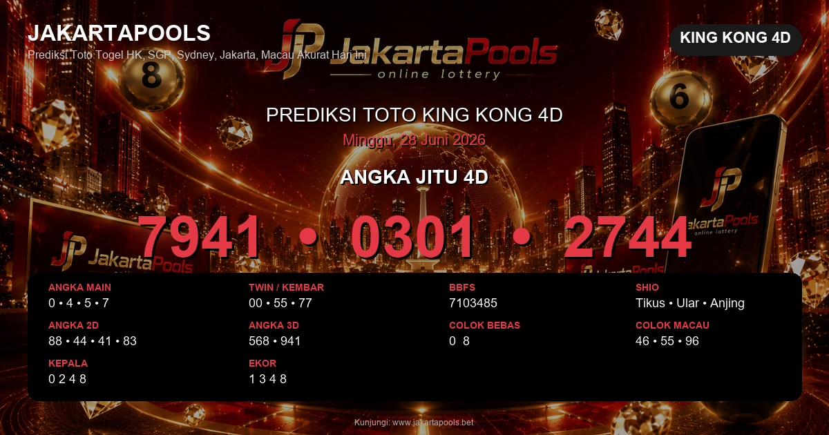 Prediksi togel King Kong 4D hari ini lengkap 2D 3D 4D 28 Juni 2026