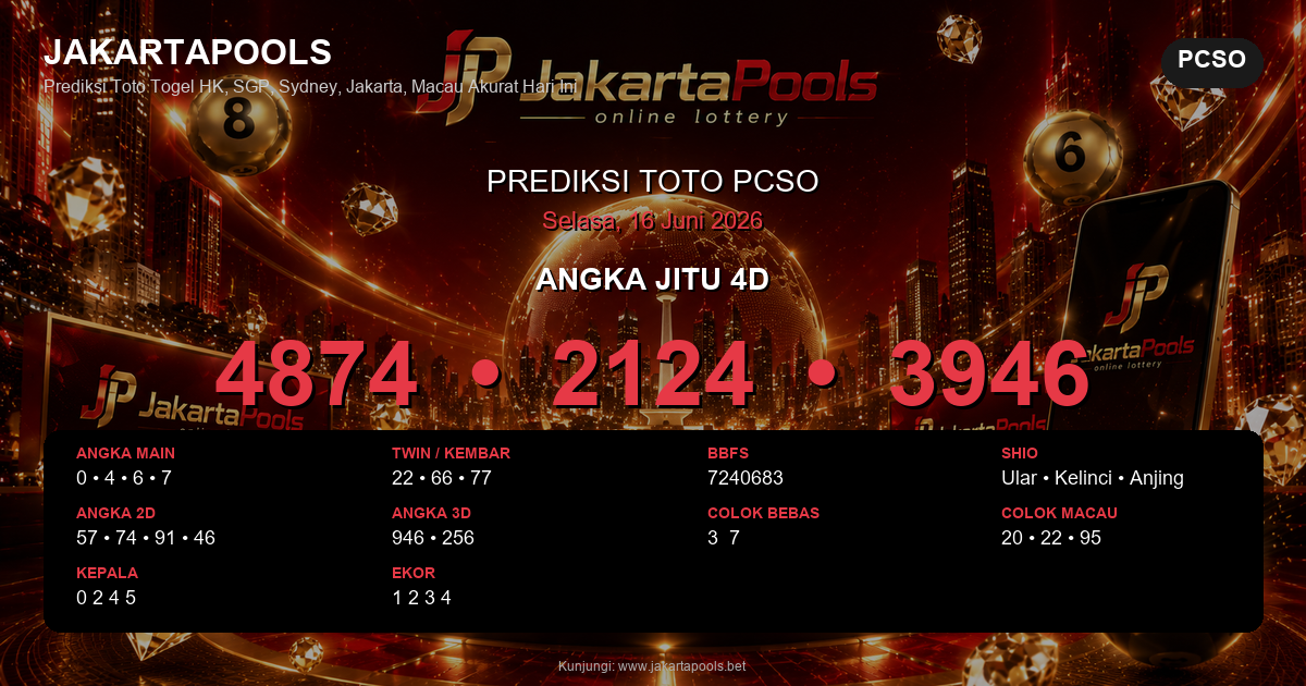 Prediksi togel Pcso hari ini lengkap 2D 3D 4D 16 Juni 2026