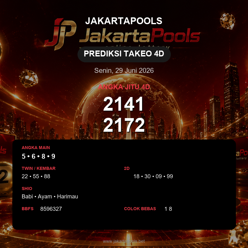 Prediksi togel Takeo 4D hari ini lengkap 2D 3D 4D 29 Juni 2026
