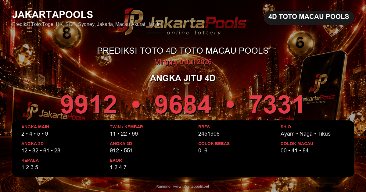 Prediksi togel 4D Toto Macau Pools hari ini lengkap 2D 3D 4D 5 Juli 2026