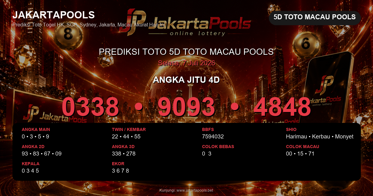 Prediksi togel 5D Toto Macau Pools hari ini lengkap 2D 3D 4D 7 Juli 2026