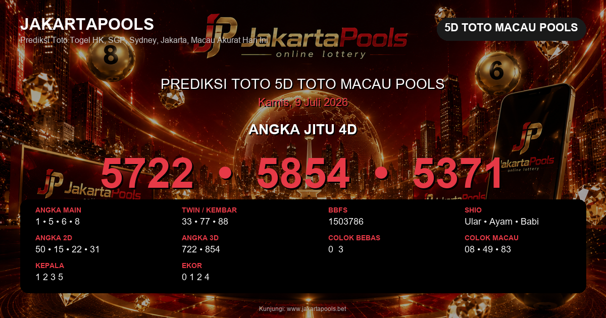 Prediksi togel 5D Toto Macau Pools hari ini lengkap 2D 3D 4D 9 Juli 2026