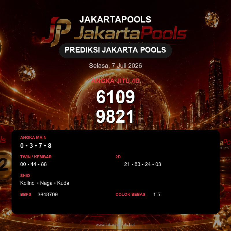 Prediksi togel Jakarta Pools hari ini lengkap 2D 3D 4D 7 Juli 2026