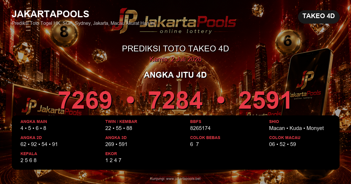 Prediksi togel Takeo 4D hari ini lengkap 2D 3D 4D 2 Juli 2026