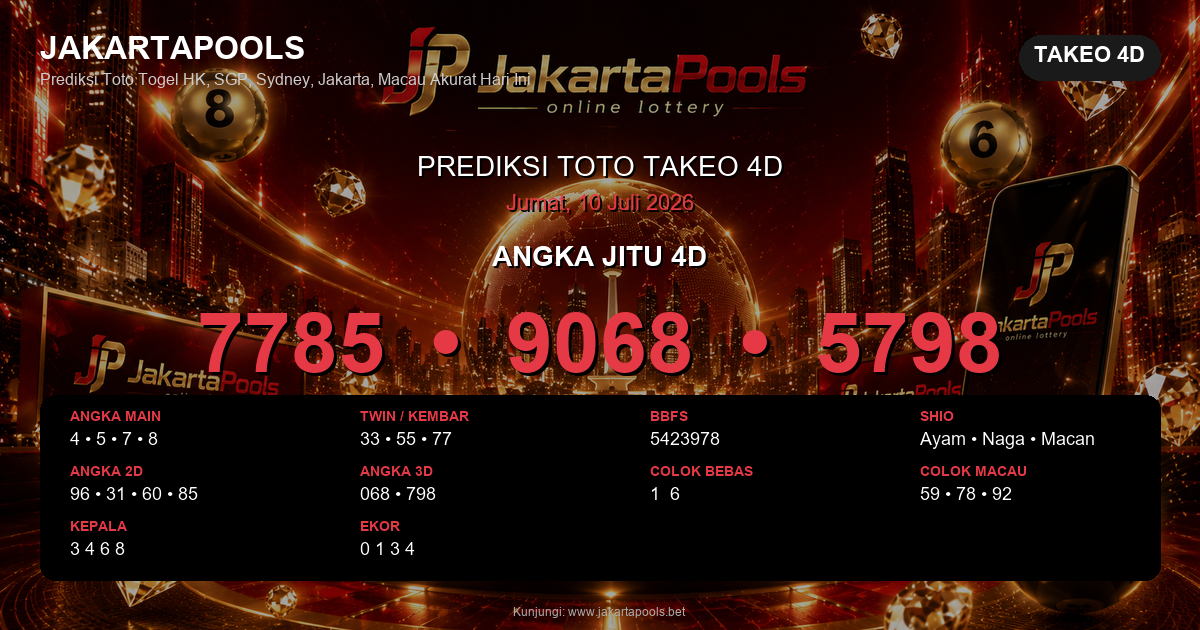 Prediksi togel Takeo 4D hari ini lengkap 2D 3D 4D 10 Juli 2026