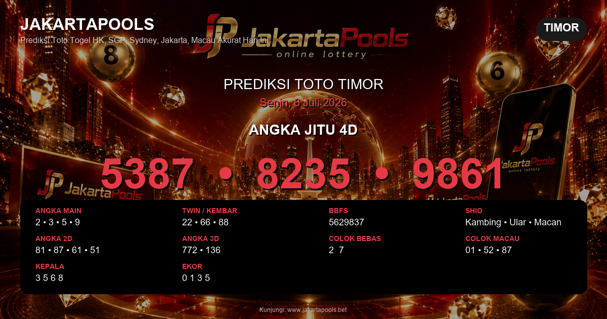 Prediksi togel Timor hari ini lengkap 2D 3D 4D 6 Juli 2026
